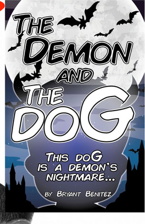 Cover of The Demon and The doG by Bryant Benitez: bats crossing a full moon above a dark village